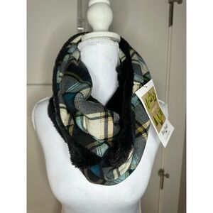 Hat Stuff Plaid Infinity Scarf Teal Black Cream Faux Fur Lined Multi Loop NWT